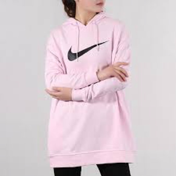 Nike Tops - Nike Light Pink Black Big Swoosh Hoodie Sweatshirt Tunic Oversized Cotton M
